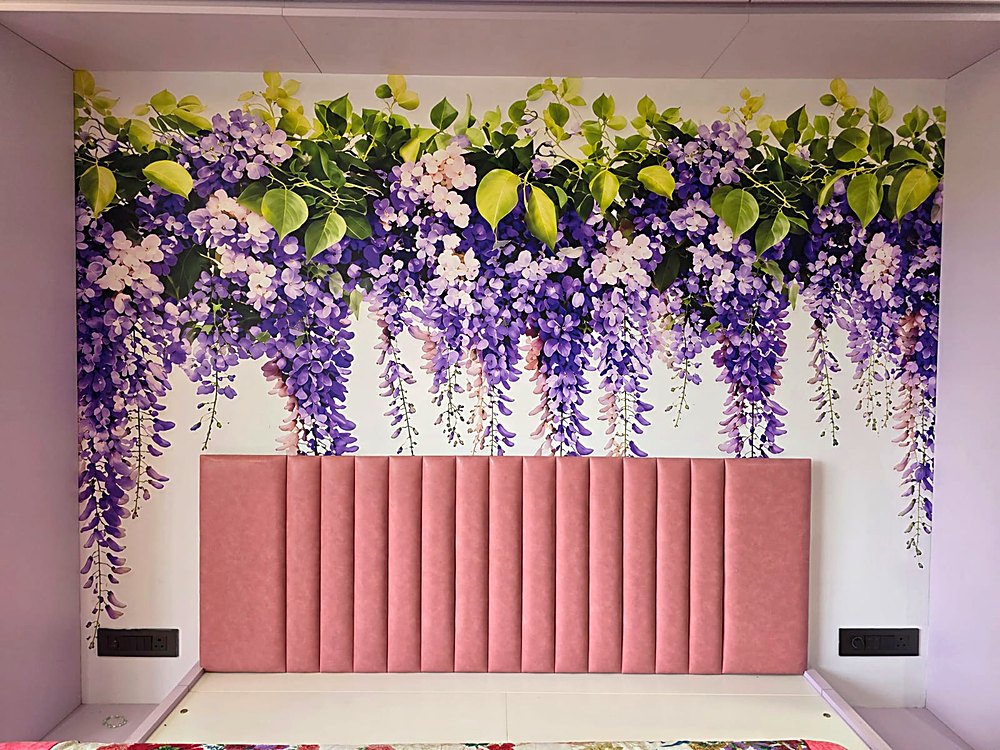 Floral wisteria wallpaper with an upholstered bed backrest, Surat