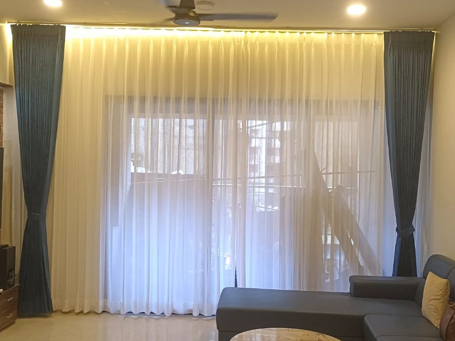 Teal curtains with white sheer, balcony door — Royal Decor, Vesu, Surat