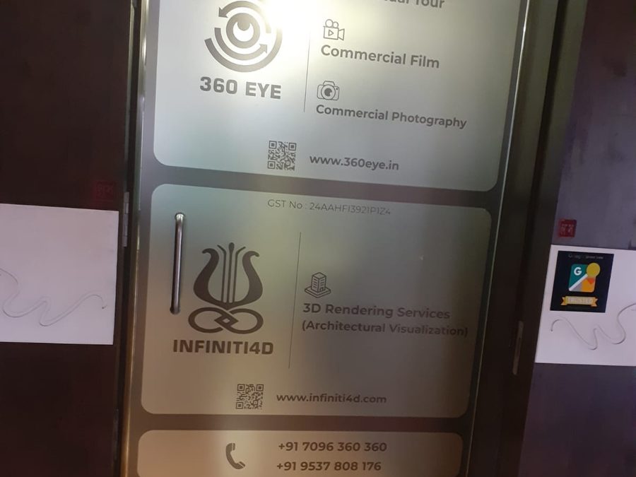 Office door film printed with company branding — Royal Decor, Vesu, Surat