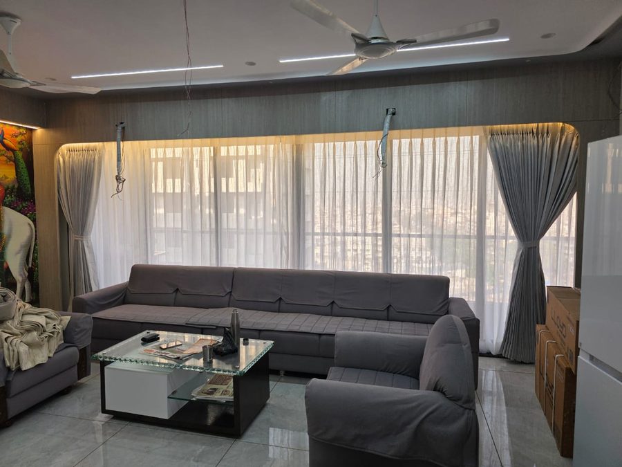 Sheer curtains with pinch-pleat side panels — Royal Decor, Vesu, Surat