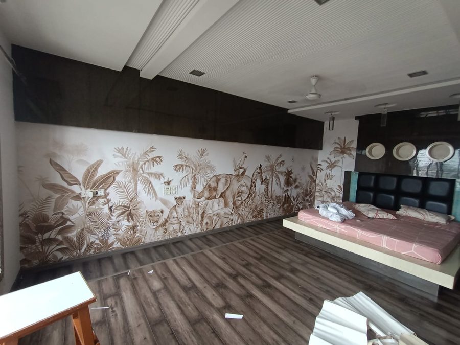 Jungle safari mural with wooden flooring — Royal Decor, Vesu, Surat